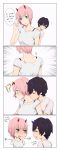  !? 1boy 1girl alternate_hair_length alternate_hairstyle bangs beige_shirt black_hair blue_eyes blue_horns blush bra_strap breasts collarbone colored comic commentary couple darling_in_the_franxx english english_commentary eyes_closed from_behind green_eyes hand_in_hair hand_on_another&#039;s_arm hand_on_own_neck hand_to_own_mouth hand_up hetero highres hiro_(darling_in_the_franxx) horns hug hug_from_behind k_016002 looking_at_another medium_breasts nape off_shoulder oni_horns pink_hair red_horns shirt short_hair speech_bubble upper_body white_shirt zero_two_(darling_in_the_franxx) 