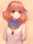  arms_behind_back brown_eyes closed_mouth commentary_request curly_hair dress fire_emblem fire_emblem_echoes:_mou_hitori_no_eiyuuou hairband jenny_(fire_emblem) jewelry jurge long_sleeves necklace pink_hair simple_background solo 