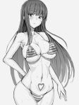  arm_behind_back bangs bikini blunt_bangs breasts cleavage closed_mouth commentary covered_nipples cowboy_shot eyebrows_visible_through_hair frown fuchitoro girls_und_panzer greyscale heart_tattoo highres large_breasts long_hair looking_at_viewer mature monochrome nishizumi_shiho sidelocks sketch solo standing straight_hair string_bikini striped striped_bikini swimsuit tattoo wet 