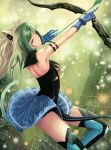  absurdres ahoge animal_ears armlet atalanta_(fate) blonde_hair blue_skirt bow_(weapon) breasts cat_ears cat_tail choker fate/apocrypha fate_(series) floating_hair from_side gauntlets green_eyes green_hair hair_ornament head_tilt highres holding holding_bow_(weapon) holding_weapon index_finger_raised left-handed long_hair looking_at_viewer miniskirt multicolored_hair nekobell parted_lips pleated_skirt skirt sleeveless small_breasts solo strapless tail thighhighs two-tone_hair weapon 