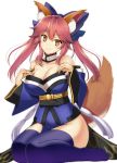  1girl animal_ear_fluff animal_ears bangs bare_shoulders blue_bow blue_kimono blue_legwear blush bow breasts brown_eyes cleavage closed_mouth collarbone depressed detached_collar detached_sleeves eyebrows_visible_through_hair fate/grand_order fate_(series) fox_ears fox_girl full_body hair_bow hands_on_own_chest head_tilt highres ishigami_kazui japanese_clothes kimono large_breasts loincloth long_hair long_sleeves looking_at_viewer obi sash short_kimono side_ponytail simple_background sitting smile solo strapless tamamo_(fate)_(all) tamamo_no_mae_(fate) thighhighs twintails wariza white_background wide_sleeves 