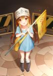  :d bag bangs black_footwear blue_shirt blush boots brown_eyes brown_hair character_name clothes_writing commentary eyebrows_visible_through_hair flag flat_cap hair_between_eyes hat hataraku_saibou highres holding holding_flag knee_boots long_hair open_mouth platelet_(hataraku_saibou) seero shirt short_sleeves shoulder_bag smile solo standing very_long_hair white_hat 