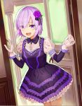  :d black_ribbon cowboy_shot detached_sleeves dress eyebrows_visible_through_hair eyes_visible_through_hair fate/grand_order fate_(series) flower frilled_dress frills gloves hair_flower hair_ornament hair_over_one_eye hair_ribbon indoors mash_kyrielight open_door open_mouth purple_dress purple_eyes purple_flower purple_hair purple_rose ribbon rose shiny shiny_hair short_dress short_hair short_sleeves smile solo standing wgdnmbdflrykqoq white_gloves 