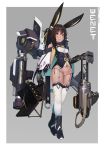  1girl absurdres ammunition_belt animal_ears bangs bare_shoulders black_footwear black_hair black_shirt blush boots braid breasts bunny_ears capelet closed_mouth commentary_request dark_skin french_braid full_body garter_straps groin gun highres long_hair looking_at_viewer mecha_musume mechanical_arms micro_panties natori_youkai no_pants original panties ponytail shirt side-tie_panties skindentation small_breasts solo standing thighhighs twitter_username underwear weapon white_legwear white_panties yellow_eyes 