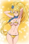  armpits arms_up bikini blonde_hair blue_hat breasts cure_etoile garrison_cap hat hugtto!_precure kagayaki_homare large_breasts legs_together long_hair looking_at_viewer magical_girl micro_bikini navel ontaros parted_lips precure shiny shiny_hair shiny_skin smile solo standing swimsuit teeth thigh_gap yellow_bikini yellow_eyes 
