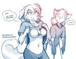  2018 anthro blush breasts canine chest_tuft clothed clothing clothing_lift crossgender dialogue dog duo english_text evals featureless_breasts female fox gloves_(marking) hi_res keidran male mammal markings mike_(twokinds) monochrome navel shirt shirt_lift simple_background sketch speech_bubble stare sweat text tom_fischbach tongue tongue_out topless tuft twokinds voyeur webcomic white_background 