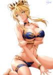  anklet arm_under_breasts artoria_pendragon_(all) artoria_pendragon_(lancer) bangs bare_shoulders belly_chain bikini blonde_hair blue_bikini bracelet breast_hold breasts cleavage closed_mouth collarbone commentary_request cross crown day eyelashes fate/grand_order fate_(series) flower green_eyes hair_between_eyes hair_flower hair_ornament highres hips jewelry large_breasts light_rays lips long_hair looking_at_viewer navel sakiyamama sidelocks simple_background sitting sky smile solo swimsuit thigh_strap thighs underboob wariza white_background white_pupils 