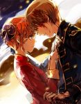  1girl blood blood_on_face blue_eyes brown_hair china_dress chinese_clothes couple crying crying_with_eyes_open dress eye_contact gintama hair_bun hand_on_hilt kagura_(gintama) looking_at_another military military_uniform okita_sougo open_mouth orange_hair red_dress red_eyes short_hair tears uniform upper_body zzyzzyy 