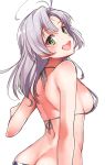  :d ahoge arm_at_side ass bikini blush breasts butt_crack commentary_request diagonal-striped_bikini from_behind green_eyes head_tilt kantai_collection kinugasa_(kantai_collection) konnyaku_(kk-monmon) long_hair looking_at_viewer looking_back medium_breasts medium_hair open_mouth shoulder_blades sideboob silver_hair simple_background smile solo strap_gap swimsuit white_background 