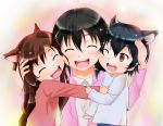  2girls :d ;d ^_^ ^o^ ame_(ookami_kodomo) animal_ears azumawari_(azumofu) bangs black_hair blush brother_and_sister brown_eyes brown_hair cheek-to-cheek child closed_eyes commentary_request family fang group_hug hana_(ookami_kodomo) hand_on_another's_head hands_up hug long_hair long_sleeves looking_at_another mother_and_daughter mother_and_son multiple_girls one_eye_closed ookami_kodomo_no_ame_to_yuki open_mouth revision sandwiched shiny shiny_hair siblings sleeve_tug smile wolf_boy wolf_ears wolf_girl yuki_(ookami_kodomo) 