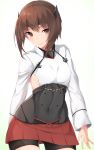  absurdres bike_shorts brown_eyes brown_hair contrapposto cowboy_shot flat_chest headband headgear highres hinacalibur kantai_collection looking_at_viewer pleated_skirt red_skirt short_hair simple_background skirt smile solo taihou_(kantai_collection) white_background 