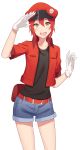  :d absurdres ae-3803 belt black_shirt blue_shorts blush cabbie_hat collarbone cropped_legs denim denim_shorts gloves hair_between_eyes hat hataraku_saibou head_tilt highres jacket kenkaizar looking_at_viewer open_clothes open_jacket open_mouth red_blood_cell_(hataraku_saibou) red_hair red_hat red_jacket salute shirt short_hair short_shorts short_sleeves shorts simple_background smile solo standing white_background white_gloves yellow_eyes 