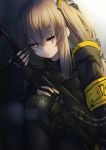  armband bangs black_gloves black_legwear brown_hair closed_mouth commentary crossed_bangs exoskeleton expressionless eyebrows_visible_through_hair fingerless_gloves girls_frontline gloves gun h&amp;k_ump h&amp;k_ump45 hair_between_eyes hair_ornament heckler_&amp;_koch holding holding_gun holding_weapon hood hood_down hooded_jacket jacket koko_(koko3) long_hair looking_at_viewer one_side_up pantyhose scar scar_across_eye shirt sitting skirt submachine_gun ump45_(girls_frontline) weapon white_shirt yellow_eyes 