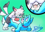  anthro azuraracon blue_eyes blue_fur canine cum cum_in_ass cum_inside cyan_fox_cody cyan_nose fox fur green_background knot male male/male mammal penis precum saliva simple_background tongue tongue_out white_fur 