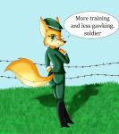  2018 anthro butt canine clothed clothing dialogue digital_media_(artwork) english_text eyewear female fox glasses hat kendratheshinyeevee looking_at_viewer looking_back lt._fox_vixen mammal military_uniform sek_studios smile solo speech_bubble squirrel_and_hedgehog text uniform 