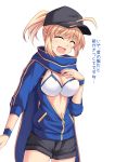  ahoge artoria_pendragon_(all) ass black_hat black_shorts blonde_hair blush breasts cleavage closed_eyes cross_(crossryou) eyebrows_visible_through_hair facing_viewer fate/grand_order fate_(series) hair_between_eyes hair_through_headwear hat jacket md5_mismatch medium_breasts mysterious_heroine_x open_clothes open_jacket open_mouth scarf short_hair short_ponytail short_shorts shorts solo standing sweatdrop translation_request visor_cap white_background white_bikini_top zipper_pull_tab 
