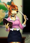  anthro book braided_hair breasts classroom clothed clothing collar desk female fur hair hybrid inside jane jewelry long_hair mammal map necklace ruler school shirt skirt smile solo standing star stripes thalislixeon vest 