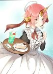  alternate_costume apron bangs bendy_straw beret black_dress blue_eyes blush brown_eyes cake cheesecake cherry_blossoms closed_mouth cup dress drink drinking_glass drinking_straw enmaided fate/grand_order fate_(series) flower food fork frankenstein's_monster_(fate) hat heterochromia highres holding holding_flower holding_tray horn ice ice_cream ice_cream_float ice_cube juliet_sleeves long_sleeves maid mini_hat parted_bangs pink_hair plate puffy_sleeves sena_tea29 short_hair slice_of_cake smile solo tray white_apron white_flower white_hat 