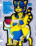  animal_crossing ankha_(animal_crossing) anklet annoyed anthro bandage bangle blue_eyes blue_hair bracelet breasts cat chair cherry claws clothed clothing dress egyptian eyeshadow fangs feline female food fruit fur hair headdress jewelry makeup mammal mummy_wrappings nintendo pawpads paws ring short_stack sitting skimpy slightly_chubby table thegrumpiestpanda_(artist) toe_ring traditional_media_(artwork) video_games voluptuous wide_hips wrappings yellow_fur 