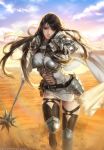  armor belt belt_pouch black_eyes black_hair black_legwear blurry blurry_background breasts cape character_request cloud covered_navel cross-laced_clothes day fantasy gauntlets highres jdori lens_flare long_hair looking_at_viewer mace medium_breasts navel official_art outdoors pouch smile solo standing tamsig-ui_jaelim the_second_coming_of_avarice very_long_hair weapon white_cape 