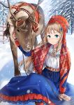  absurdres antlers blue_eyes brown_hair cherim commentary dress fence forest gloves hair_ribbon hat highres long_hair nature original reindeer ribbon sami_clothes sitting snow traditional_clothes 