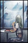  apocalypse bayashiko black_border border commentary dated english_commentary food from_side grey_hair hamburger highres holding holding_food long_hair looking_away original overalls science_fiction shirt short_sleeves sitting solo tray ufo white_shirt window 