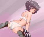  akiyama_yukari ass black_hair bra girls_und_panzer panties purple purple_eyes shibata_masahiro short_hair signed sketch thighhighs underwear 