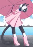  1girl blue_eyes boots cat cityscape furry high_heel_boots high_heels pink_clothes pink_legwear short_hair solo umbrella unousaya white_hair 