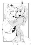  :d animal_ears batta_(kanzume_quality) cowboy_shot fox fox_ears fox_girl fox_tail fox_wife_(batta_(kanzume_quality)) greyscale hood hood_down hooded_jacket jacket long_sleeves looking_at_viewer monochrome nib_pen_(medium) open_clothes open_jacket open_mouth original ponytail shirt shorts smile solo tail traditional_media 