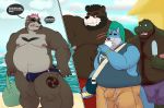  2018 anthro beach bear beard belly biceps big_belly big_muscles blush body_hair bulge canine cheezypb chest_hair clothed clothing comic crocodilian dessert detailed_background dialogue digital_media_(artwork) english_text facial_hair food fur hair half_thong happy_trail hybrid ice_cream junichi male male/male mammal moobs multiple_angles musclegut muscular muscular_male nipples open_mouth outside overweight overweight_male pecs pubes reptile scalie scar sea seaside shirt simple_background skimpy slightly_chubby smile standing swimsuit tattoo teeth text thick_thighs thong topless water wolf 