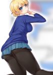  :o ass bangs black_legwear blonde_hair blue_eyes blue_skirt blue_sweater blurry blurry_background commentary darjeeling eyebrows_visible_through_hair from_behind girls_und_panzer hand_to_own_mouth highres kneeling long_sleeves looking_at_viewer looking_back miniskirt pantyhose parted_lips pleated_skirt saezu_habaki school_uniform shirt short_hair skirt solo st._gloriana's_school_uniform sweater thighband_pantyhose thighs tied_hair v-neck white_shirt 