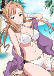  arm_behind_head arm_up bangs bare_shoulders beach bikini blue_sky blush braid breasts choker cleavage collarbone commentary_request day flower french_braid granblue_fantasy green_eyes hair_flower hair_ornament hairband head_wings hips large_breasts leg_garter long_hair looking_at_viewer navel orange_hair palm_tree sash satoumizu_(j5xsyd9jk) sidelocks sitting sky smile solo song_(granblue_fantasy) swimsuit thighs tree white_bikini wrist_straps 