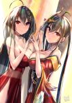  ahoge azur_lane bangs bare_shoulders black_hair breasts choker cleavage cocktail_dress different_reflection dress eyebrows_visible_through_hair hair_between_eyes hair_ornament highres japanese_clothes large_breasts long_hair looking_at_viewer mappaninatta mirror red_choker red_dress red_eyes reflection side_slit smile solo standing taihou_(azur_lane) twintails 