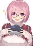  bangs blush book breasts brown-framed_eyewear commentary_request dutch_angle eyebrows_visible_through_hair fate/grand_order fate_(series) glasses hair_between_eyes hands_up holding holding_book large_breasts long_sleeves mash_kyrielight open_book pink_hair plaid purple_eyes short_hair simple_background sleeves_past_wrists solo sparkle sweater turtleneck turtleneck_sweater white_background white_sweater yuzu-aki 