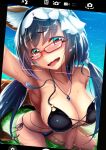  animal_ears bikini black_bikini black_hair blush breasts cellphone cleavage collarbone commentary_request embarrassed fate/grand_order fate_(series) fox_ears fox_tail glasses hair_bobbles hair_ornament hairband lady_foxy large_breasts long_hair looking_at_viewer magatama_necklace o-ring o-ring_bikini ocean open_mouth osakabe-hime_(fate/grand_order) phone red-framed_eyewear red_eyes saboten_teishoku self_shot side-tie_bikini smartphone solo swimsuit tail twintails very_long_hair viewfinder wardrobe_malfunction water wavy_mouth 