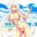  ass_visible_through_thighs bangs blue_sky blush breasts cloud collarbone day eyebrows_visible_through_hair fate/grand_order fate_(series) hair_between_eyes jeanne_d'arc_(fate)_(all) jeanne_d'arc_(swimsuit_archer) legs_apart long_hair looking_at_viewer medium_breasts nike_(0306) nipples nude open_mouth pussy silver_hair sky solo standing uncensored water yellow_eyes 