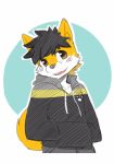  2016 anthro black_hair black_nose blue_background brown_eyes canine cheek_tuft child clothed clothing cub fox fully_clothed fur hair hands_in_pockets hoodie inner_ear_fluff male mammal multicolored_fur open_mouth open_smile orange_fur pants pawprint saku1saya simple_background smile solo teeth tuft two_tone_background two_tone_fur white_background white_fur young 
