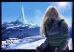  :d bayashiko blonde_hair blue_sky breath coat gloves light_rays long_hair looking_at_viewer mountain open_mouth original outdoors pants scarf scenery sky smile snow solo sun winter_clothes winter_coat 