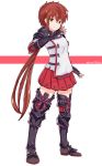  armor armored_boots black_gloves boots closed_mouth fingerless_gloves full_body gloves grimmelsdathird hand_up highres legs_apart long_hair looking_at_viewer lora_(xenoblade_2) miniskirt pauldrons pleated_skirt red_hair red_skirt ribbon-trimmed_skirt ribbon_trim short_hair_with_long_locks simple_background skirt smile solo standing thigh_boots thighhighs twitter_username two-tone_background white_background xenoblade_(series) xenoblade_2 xenoblade_2:_ogon_no_kuri_ira yellow_eyes zettai_ryouiki 
