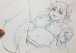  :d another_eden blush bracelet breasts character_request cleavage commentary_request fur_trim highres horns hosshi_(nariagari) jewelry monochrome navel necklace open_mouth photo pointy_ears red_eyes short_hair sketch smile solo spot_color tongue traditional_media 