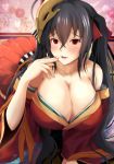  azur_lane bare_shoulders black_hair blush breasts choker cleavage cocktail_dress collarbone dress eyebrows_visible_through_hair fingernails fingers_to_mouth hair_between_eyes hair_ornament hair_ribbon huge_breasts japanese_clothes kanzaki_kureha long_hair looking_at_viewer parted_lips red_choker red_dress red_eyes red_ribbon ribbon smile solo taihou_(azur_lane) tied_hair twintails wide_sleeves 
