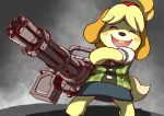  1girl blonde_hair dog doubutsu_no_mori eyes_closed furry gatling_gun gun minigun nintendo okmt_redbull open_mouth shizue_(doubutsu_no_mori) short_hair smile solo weapon 