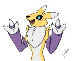  2018 alpha_channel anthro armwear black_sclera blush chest_tuft clothing digimon female gravyfox mammal mostly_nude nervous open_mouth raised_arm reaction_image renamon silly simple_background smile solo sweat sweatdrop transparent_background tuft 