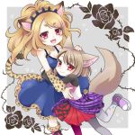  :d animal_ears asymmetrical_clothes blonde_hair breasts brown_hair cheetah_ears cheetah_tail cheety_(show_by_rock!!) child commentary_request dress fang fennery_(show_by_rock!!) fox_ears frilled_dress frills fur-trimmed_boots fur_trim grey_background hand_on_another's_head heart hug light_brown_hair long_hair long_sleeves multicolored_hair multiple_girls nail_polish open_mouth pantyhose purple_footwear red_eyes red_nails rose_background shirt short_hair show_by_rock!! simple_background skirt sleeveless smile streaked_hair two-tone_background white_background yaku_aji 
