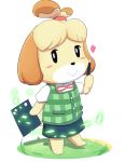  &lt;3 animal_crossing barefoot black_eyes blonde_hair blush blush_stickers canine clothing dog female full_body grass hair happy isabelle_(animal_crossing) mammal nintendo paper pen ratipiko ribbons shih_tzu shirt short_hair simple_background skirt smile solo standing topknot vest video_games white_background 