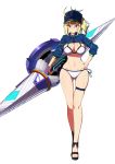  ahoge artoria_pendragon_(all) baseball_cap bikini blonde_hair blue_eyes blush commentary fate/grand_order fate_(series) hair_between_eyes hand_on_hip hat highres kawaruhi long_hair looking_at_viewer mysterious_heroine_xx_(foreigner) navel polearm ponytail sandals shrug_(clothing) side-tie_bikini smile solo spear strappy_heels swimsuit thigh_strap twinmyniad weapon white_bikini wide_hips 