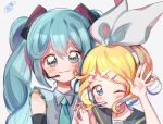  aqua_eyes aqua_hair bad_id bad_twitter_id blonde_hair blush bow collared_shirt grey_shirt hair_between_eyes hair_bow hair_ornament hairclip hand_up hatsune_miku headband height_difference kagamine_rin long_hair looking_at_viewer microphone multiple_girls necktie one_eye_closed sailor_collar shirt short_hair simple_background sleeveless smile twintails upper_body vocaloid white_background white_bow yalmyu 