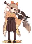  bangs blunt_bangs blush bow brown_hair domino_mask full_body hakama inkling japanese_clothes kimono maco_spl mask paint paintbrush pantyhose red_bow red_eyes sandals short_eyebrows skirt solo splatoon_(series) standing tentacle_hair wide_sleeves 