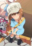  aqua_shirt bad_id bad_pixiv_id blush_stickers boots box brown_eyes brown_hair carrying child chinese_commentary commentary_request flag flat_cap from_above hat hataraku_saibou heart highres long_hair looking_at_viewer motion_blur multiple_girls ogipote parted_lips partial_commentary platelet_(hataraku_saibou) shirt short_sleeves solo_focus standing 
