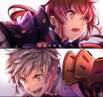  3boys absurdres adel_orudou armor blue_eyes gloves highres long_hair looking_at_viewer lora_(xenoblade_2) multiple_boys parted_lips pauldrons red_hair shirohunter short_hair simple_background smile white_hair xenoblade_(series) xenoblade_2 xenoblade_2:_ogon_no_kuri_ira yellow_eyes 